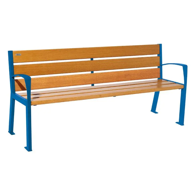 Banc bois et acier Silaos 1 200 ou 1 800 mm, 5 ou 6 lames en chêne PEFC, avec ou sans accoudoirs