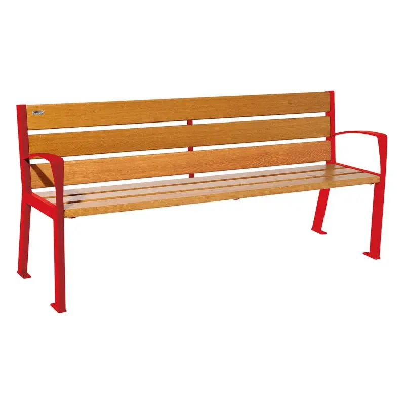 Banc bois et acier Silaos 1 200 ou 1 800 mm, 5 ou 6 lames en chêne PEFC, avec ou sans accoudoirs