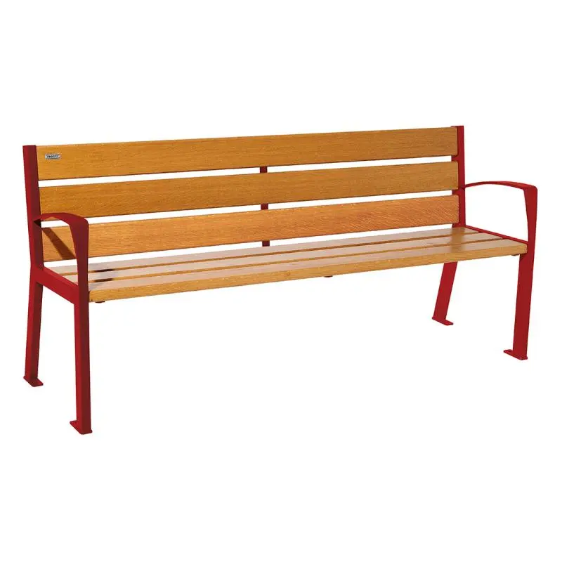Banc bois et acier Silaos 1 200 ou 1 800 mm, 5 ou 6 lames en chêne PEFC, avec ou sans accoudoirs