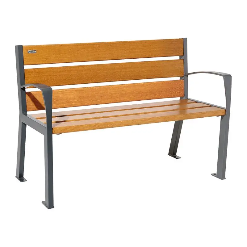 Banc bois et acier Silaos 1 200 ou 1 800 mm, 5 ou 6 lames en chêne PEFC, avec ou sans accoudoirs