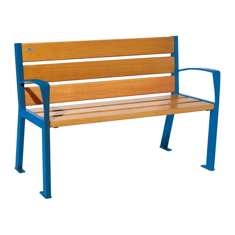 Banc bois et acier Silaos 1 200 ou 1 800 mm, 5 ou 6 lames en chêne PEFC, avec ou sans accoudoirs