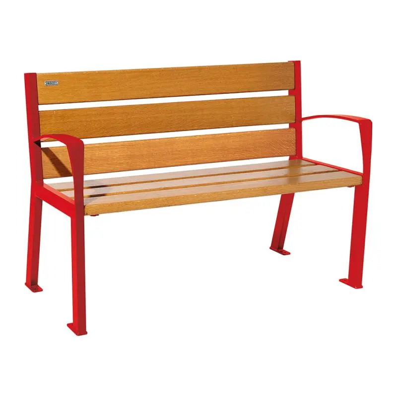 Banc bois et acier Silaos 1 200 ou 1 800 mm, 5 ou 6 lames en chêne PEFC, avec ou sans accoudoirs