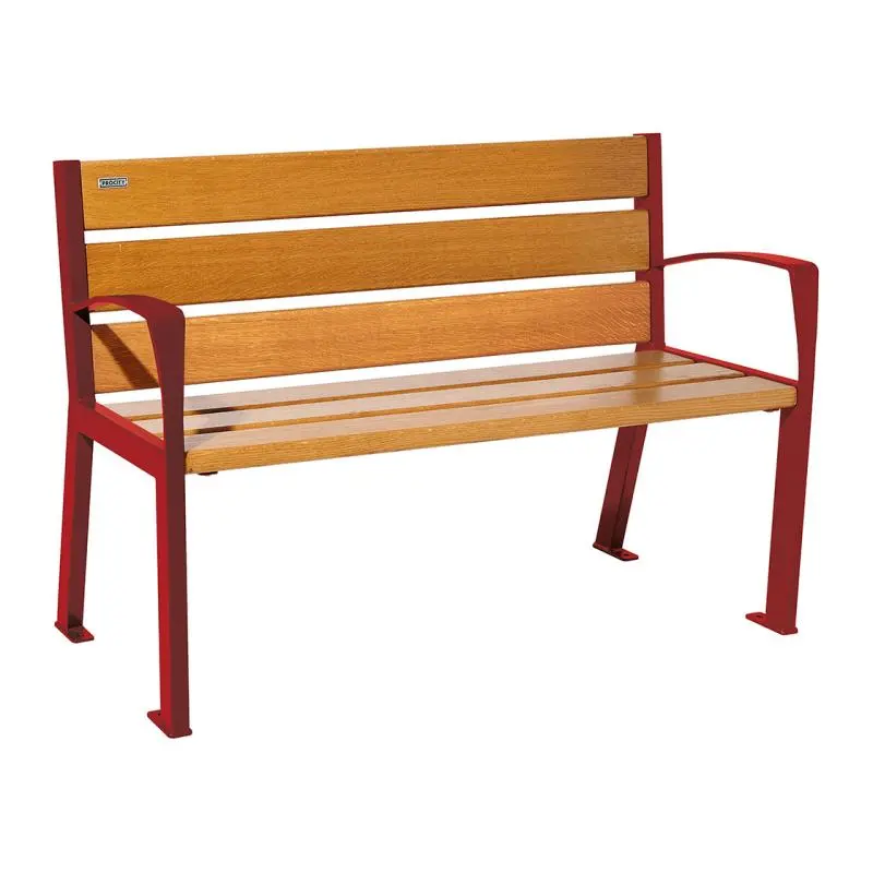 Banc bois et acier Silaos 1 200 ou 1 800 mm, 5 ou 6 lames en chêne PEFC, avec ou sans accoudoirs