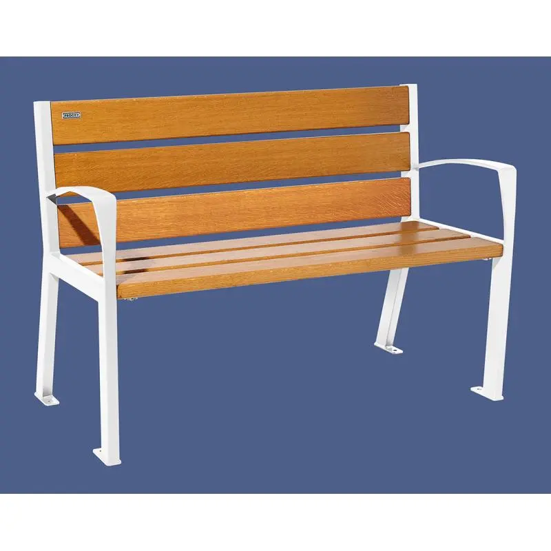 Banc bois et acier Silaos 1 200 ou 1 800 mm, 5 ou 6 lames en chêne PEFC, avec ou sans accoudoirs