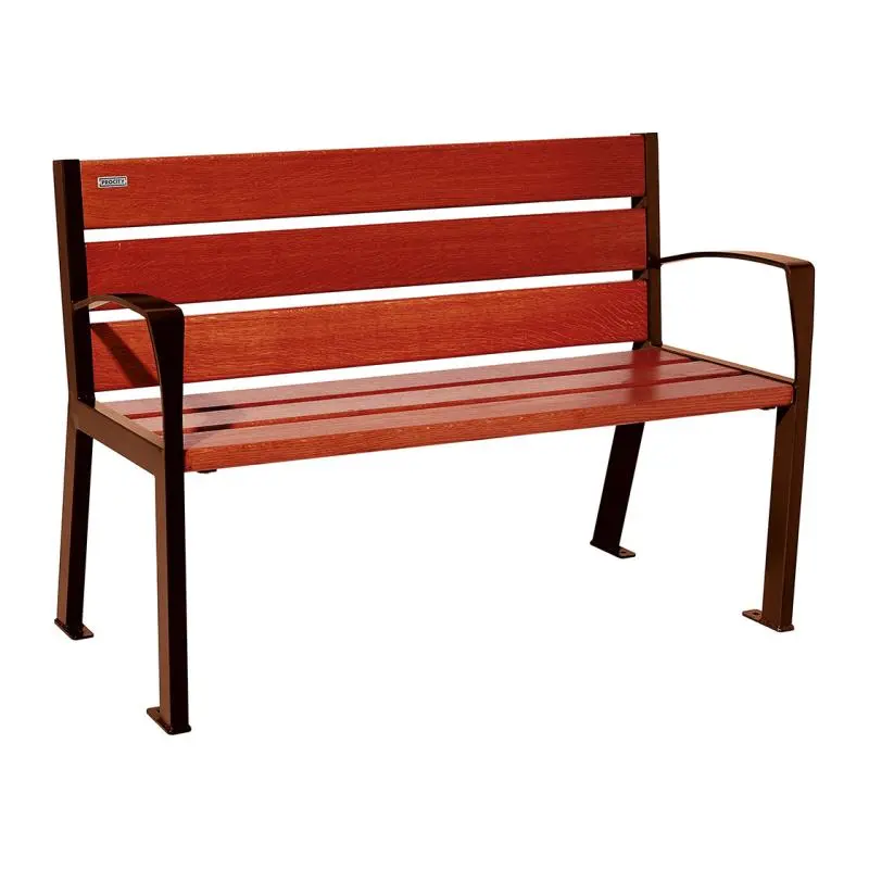 Banc bois et acier Silaos 1 200 ou 1 800 mm, 5 ou 6 lames en chêne PEFC, avec ou sans accoudoirs