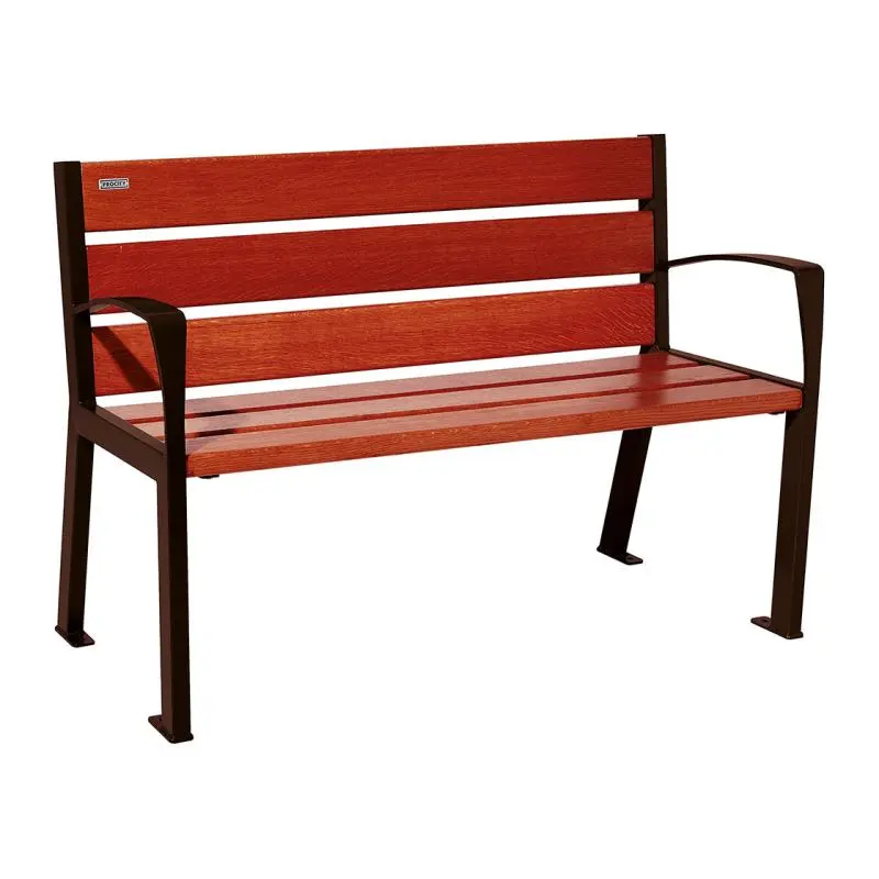 Banc bois et acier Silaos 1 200 ou 1 800 mm, 5 ou 6 lames en chêne PEFC, avec ou sans accoudoirs