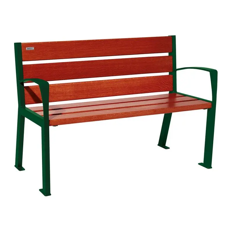 Banc bois et acier Silaos 1 200 ou 1 800 mm, 5 ou 6 lames en chêne PEFC, avec ou sans accoudoirs