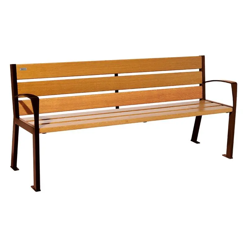 Banc bois et acier Silaos 1 200 ou 1 800 mm, 5 ou 6 lames en chêne PEFC, avec ou sans accoudoirs