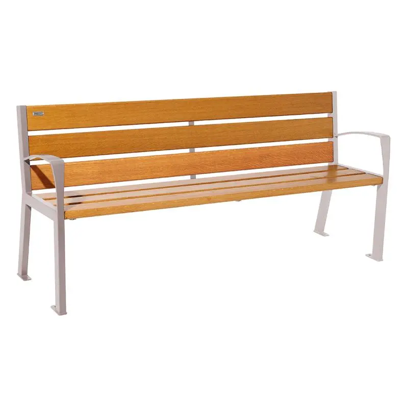 Banc bois et acier Silaos 1 200 ou 1 800 mm, 5 ou 6 lames en chêne PEFC, avec ou sans accoudoirs