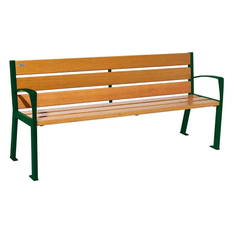 Banc bois et acier Silaos 1 200 ou 1 800 mm, 5 ou 6 lames en chêne PEFC, avec ou sans accoudoirs