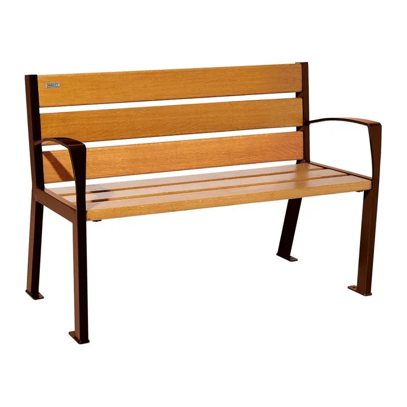 Banc bois et acier Silaos 1 200 ou 1 800 mm, 5 ou 6 lames en chêne PEFC, avec ou sans accoudoirs