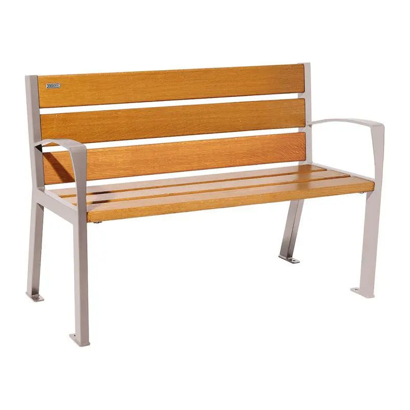 Banc bois et acier Silaos 1 200 ou 1 800 mm, 5 ou 6 lames en chêne PEFC, avec ou sans accoudoirs