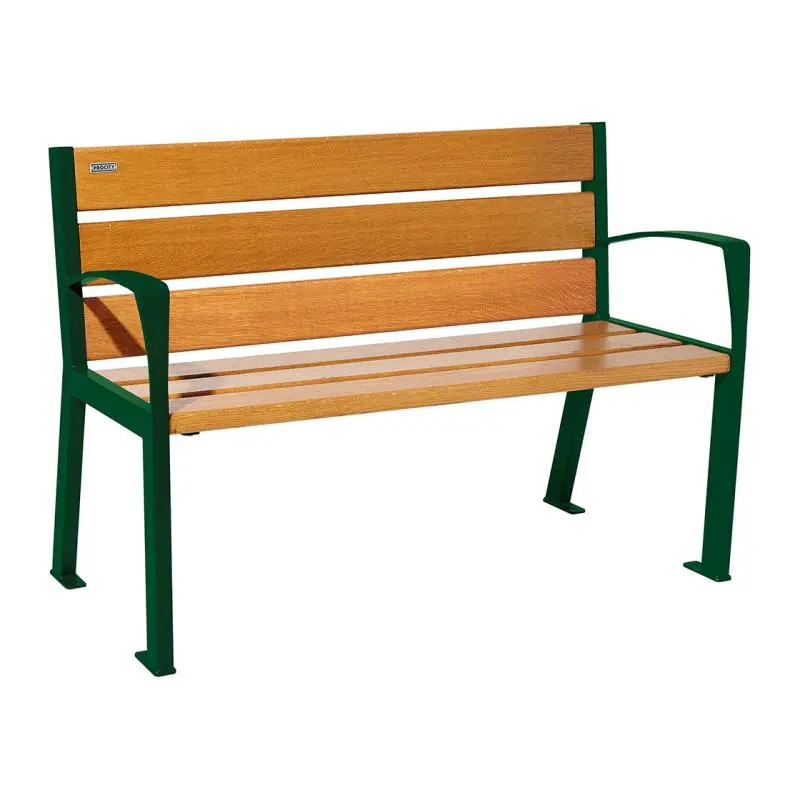 Banc bois et acier Silaos 1 200 ou 1 800 mm, 5 ou 6 lames en chêne PEFC, avec ou sans accoudoirs