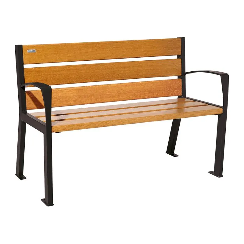 Banc bois et acier Silaos 1 200 ou 1 800 mm, 5 ou 6 lames en chêne PEFC, avec ou sans accoudoirs