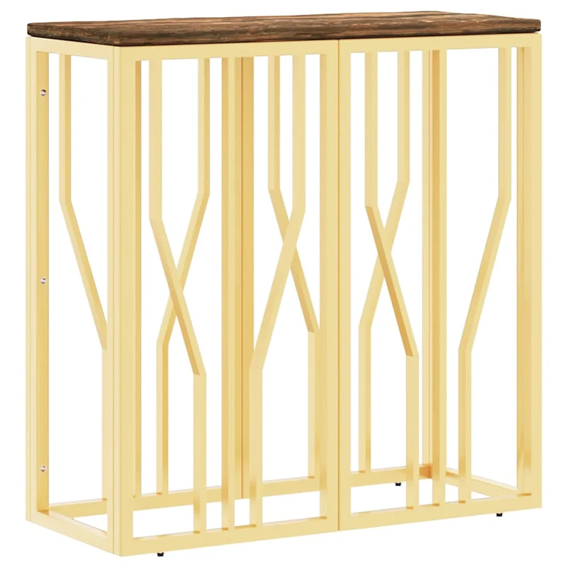 Console Table Gold Stainless Steel and Solid Wood Reclaimed