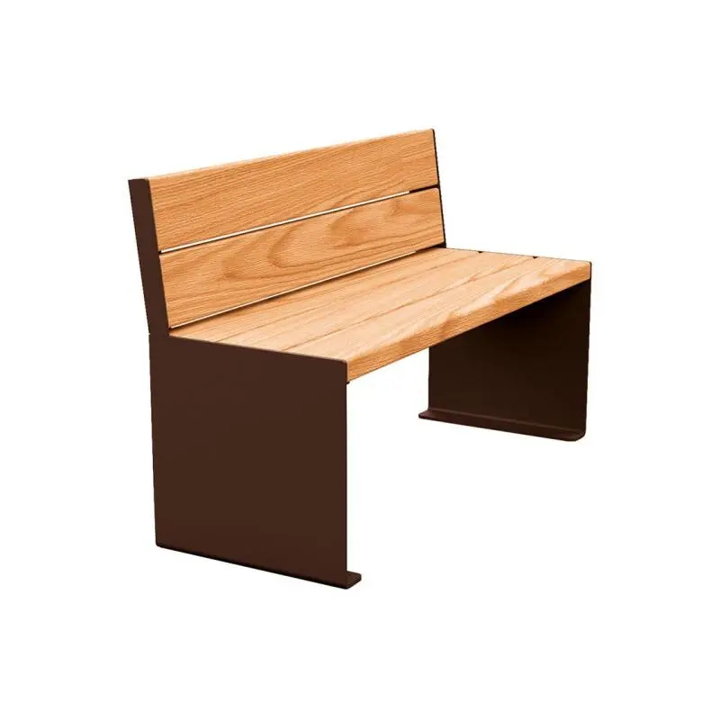 Banc bois et acier KUB 1 200 ou 1 800 mm, piétement acier 8 mm, assise et dossier bois exotique 49 mm