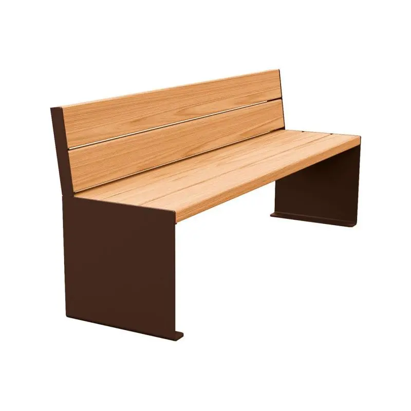 Banc bois et acier KUB 1 200 ou 1 800 mm, piétement acier 8 mm, assise et dossier bois exotique 49 mm