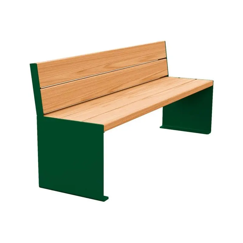 Banc bois et acier KUB 1 200 ou 1 800 mm, piétement acier 8 mm, assise et dossier bois exotique 49 mm