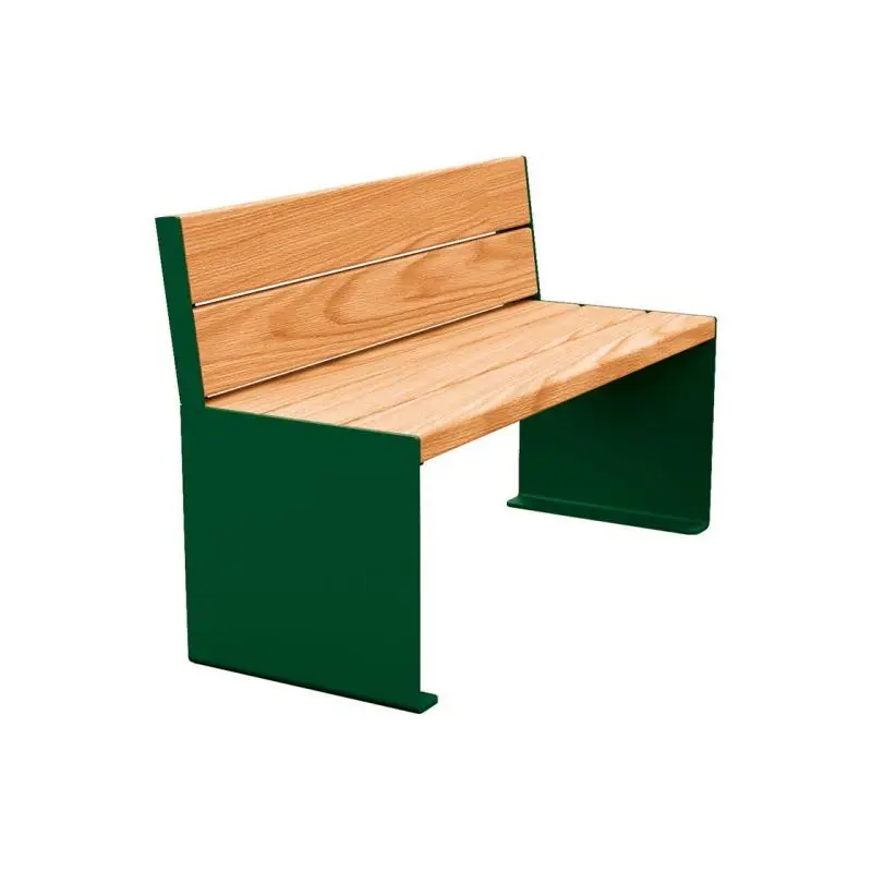 Banc bois et acier KUB 1 200 ou 1 800 mm, piétement acier 8 mm, assise et dossier bois exotique 49 mm