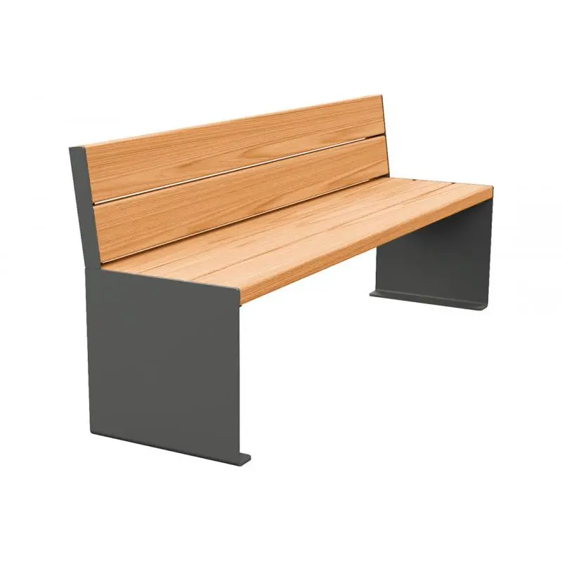 Banc bois et acier KUB 1 200 ou 1 800 mm, piétement acier 8 mm, assise et dossier bois exotique 49 mm