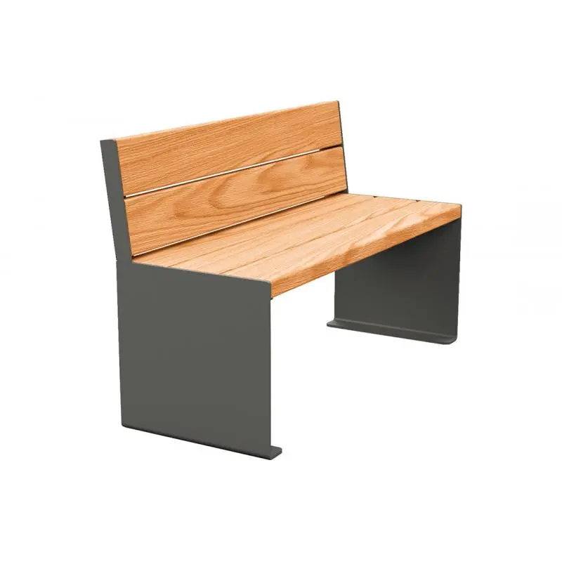 Banc bois et acier KUB 1 200 ou 1 800 mm, piétement acier 8 mm, assise et dossier bois exotique 49 mm