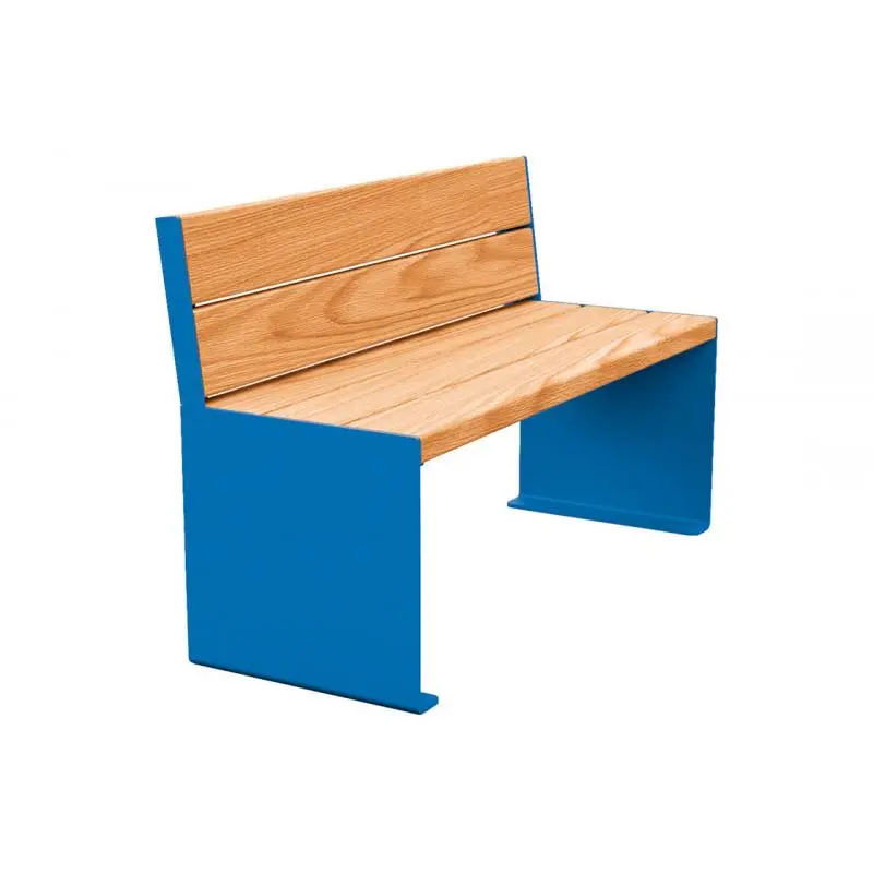Banc bois et acier KUB 1 200 ou 1 800 mm, piétement acier 8 mm, assise et dossier bois exotique 49 mm