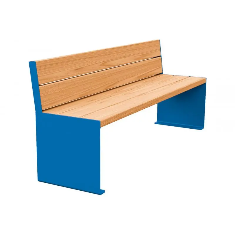 Banc bois et acier KUB 1 200 ou 1 800 mm, piétement acier 8 mm, assise et dossier bois exotique 49 mm