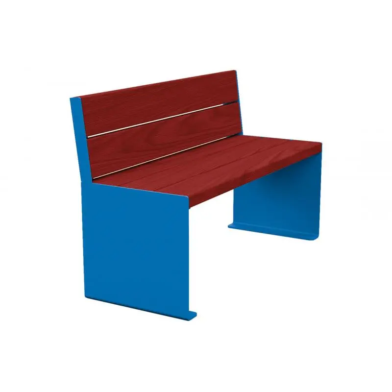 Banc bois et acier KUB 1 200 ou 1 800 mm, piétement acier 8 mm, assise et dossier bois exotique 49 mm