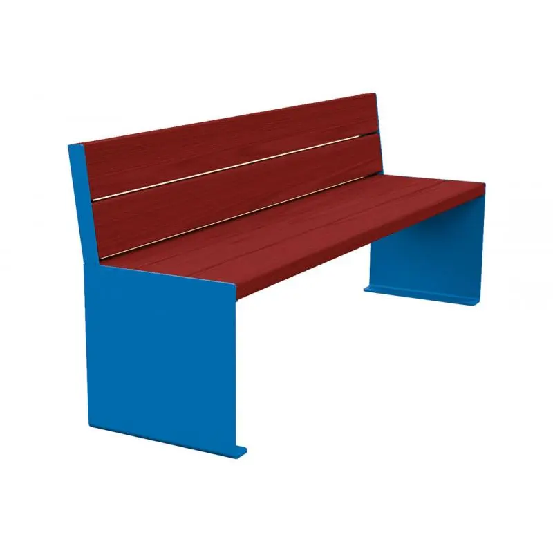 Banc bois et acier KUB 1 200 ou 1 800 mm, piétement acier 8 mm, assise et dossier bois exotique 49 mm