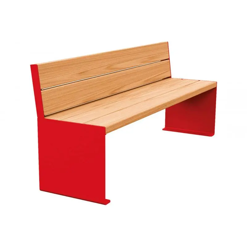 Banc bois et acier KUB 1 200 ou 1 800 mm, piétement acier 8 mm, assise et dossier bois exotique 49 mm
