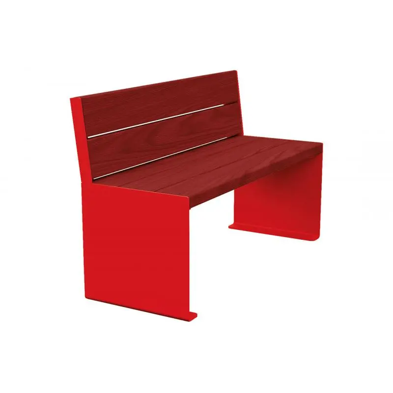 Banc bois et acier KUB 1 200 ou 1 800 mm, piétement acier 8 mm, assise et dossier bois exotique 49 mm
