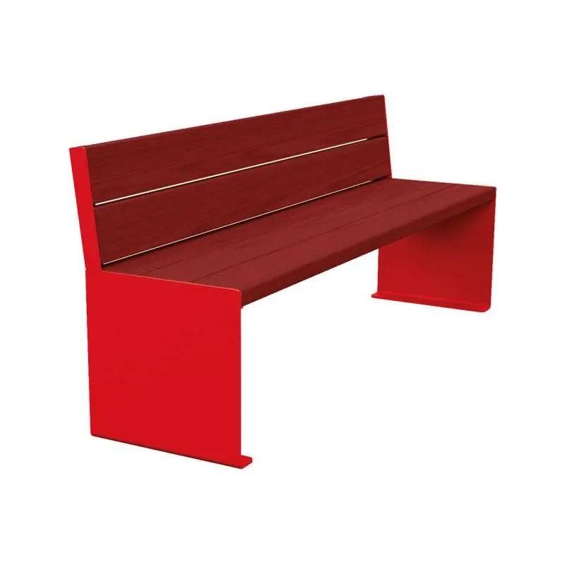 Banc bois et acier KUB 1 200 ou 1 800 mm, piétement acier 8 mm, assise et dossier bois exotique 49 mm