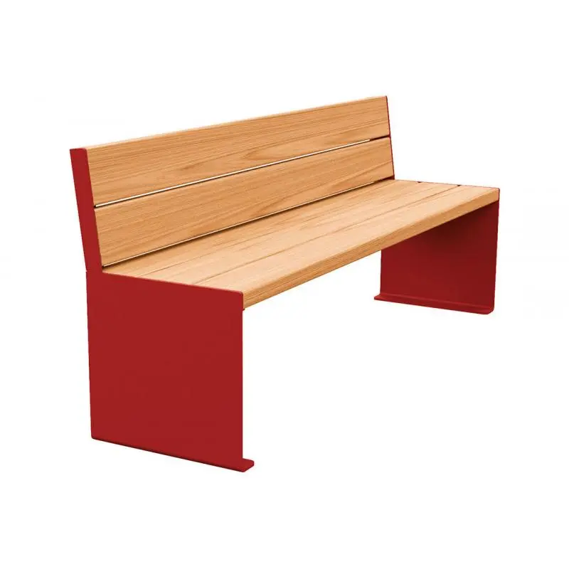 Banc bois et acier KUB 1 200 ou 1 800 mm, piétement acier 8 mm, assise et dossier bois exotique 49 mm