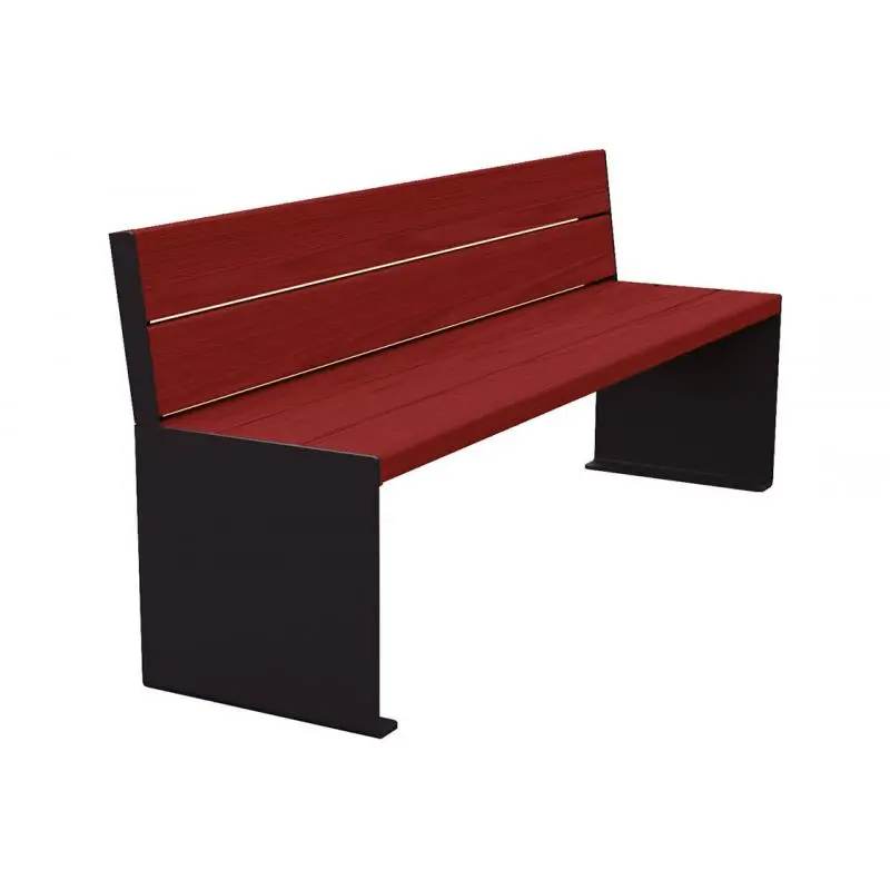 Banc bois et acier KUB 1 200 ou 1 800 mm, piétement acier 8 mm, assise et dossier bois exotique 49 mm