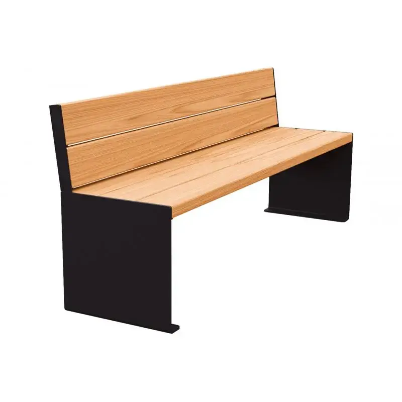 Banc bois et acier KUB 1 200 ou 1 800 mm, piétement acier 8 mm, assise et dossier bois exotique 49 mm