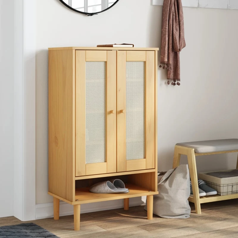 Shoe Cabinet "SENJA" Rattan Look Brown 59,5x35x107 cm Solid Wood