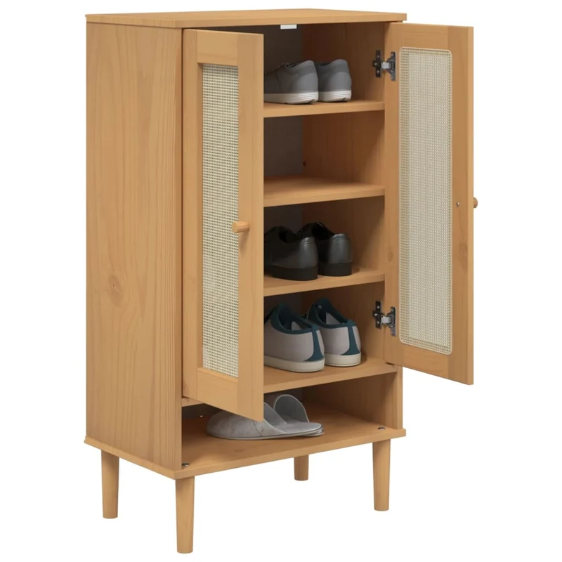 Shoe Cabinet "SENJA" Rattan Look Brown 59,5x35x107 cm Solid Wood