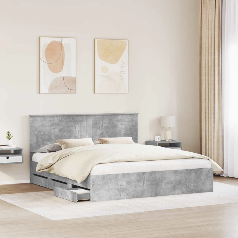 Bed Frame with Drawer Concrete Grey 200 x 200 cm Engineer Wood