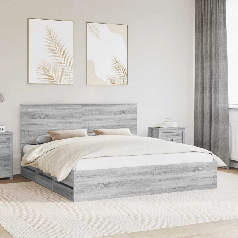 Bed Frame with Drawer Grey Sonoma 200 x 200 cm Engineer Wood