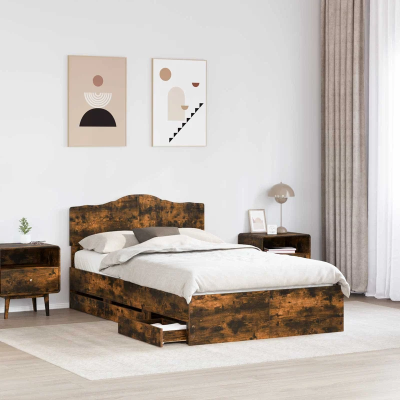 Bed Frame with Drawer Smoked Oak 135 x 190 cm Engineer Wood