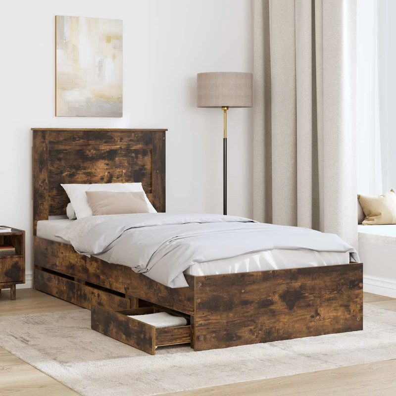 Bed Frame with Drawer Smoked Oak 75 x 190 cm Engineer Wood