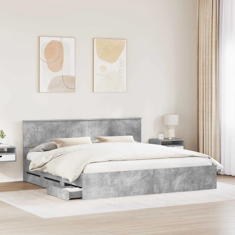 Bed Frame with Drawer Concrete Grey 200 x 200 cm Engineer Wood
