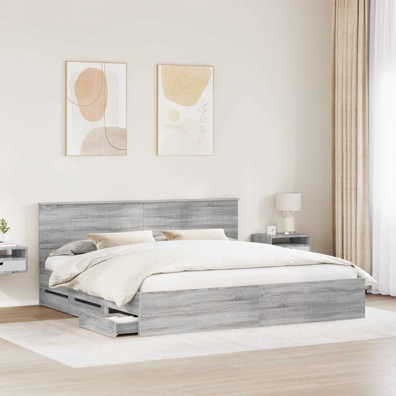 Bed Frame with Drawer Grey Sonoma 200 x 200 cm Engineer Wood