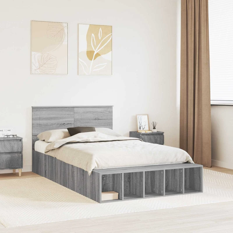 Bed Frame with Shelf Grey Sonoma 135 x 190 cm Engineered Wood