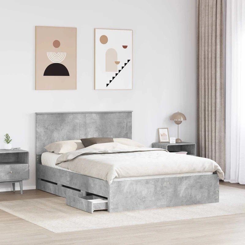 Bed Frame with Drawer Concrete Grey 150 x 200 cm Engineer Wood