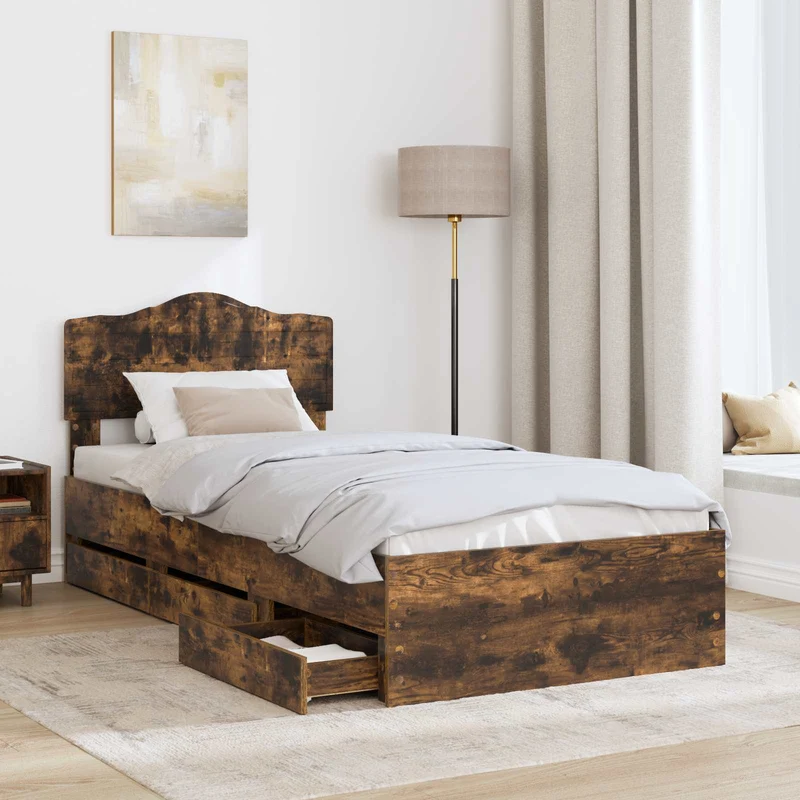 Bed Frame with Drawer Smoked Oak 100 x 200 cm Engineer Wood