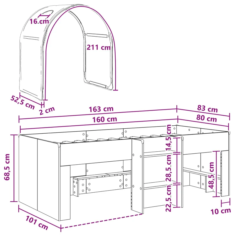 Bed with Tunnel 3 pcs White and Pink Engineered Wood