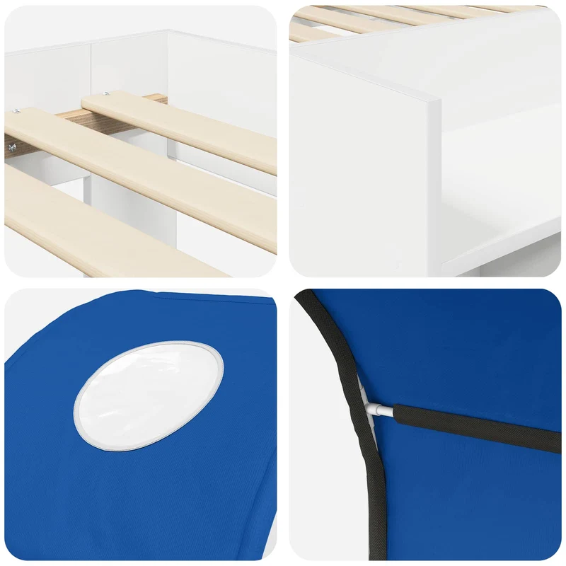 Bed with Tunnel with Shelf 3 pcs White and Blue Engineered Wood