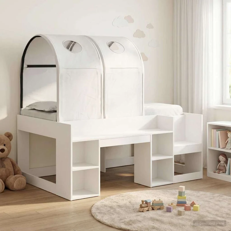 Bed with Tunnel with Shelf 3 pcs White Engineered Wood