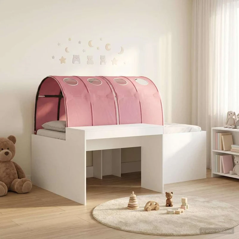 Bed with Tunnel 3 pcs White and Pink Engineered Wood